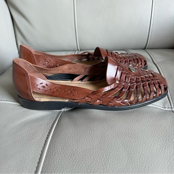 Vintage Sz 9 Genuine Leather Huarache Basket Weave Sandals Flat Shoes - Picture 14 of 15